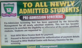 IMSU commences payment of acceptance fee and pre admission screening test for newly admitted students