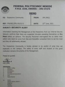 Federal Polytechnic, Nekede notice to students on security