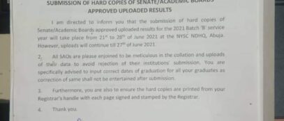 NYSC Update on uploading of senate list by institutions to NYSC portal