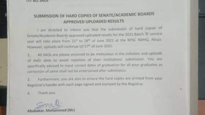 NYSC Update on uploading of senate list by institutions to NYSC portal