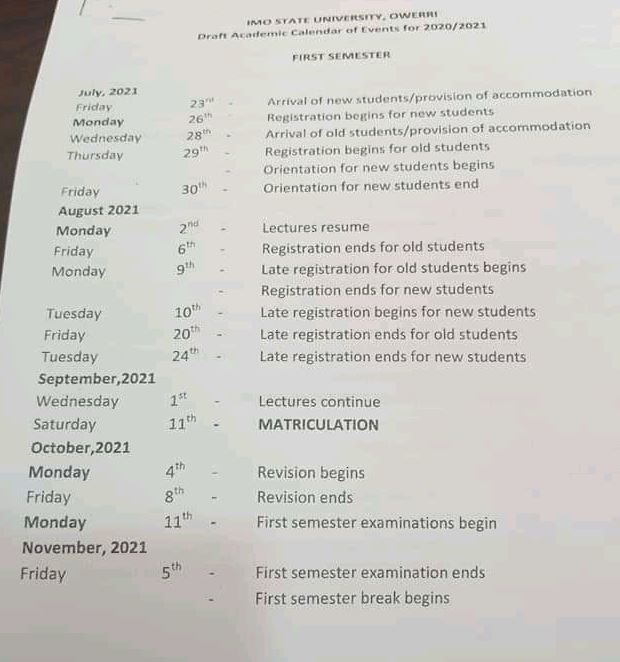 IMSU academic calendar for 2020/2021 session released