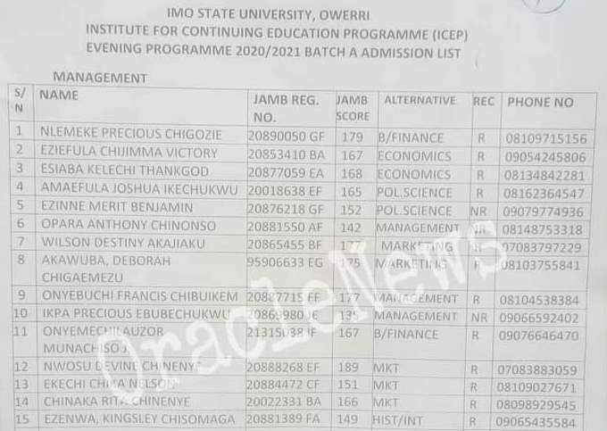 IMO state university, evening programme (ICEP) admission list for 2020/21 academic session has been released.