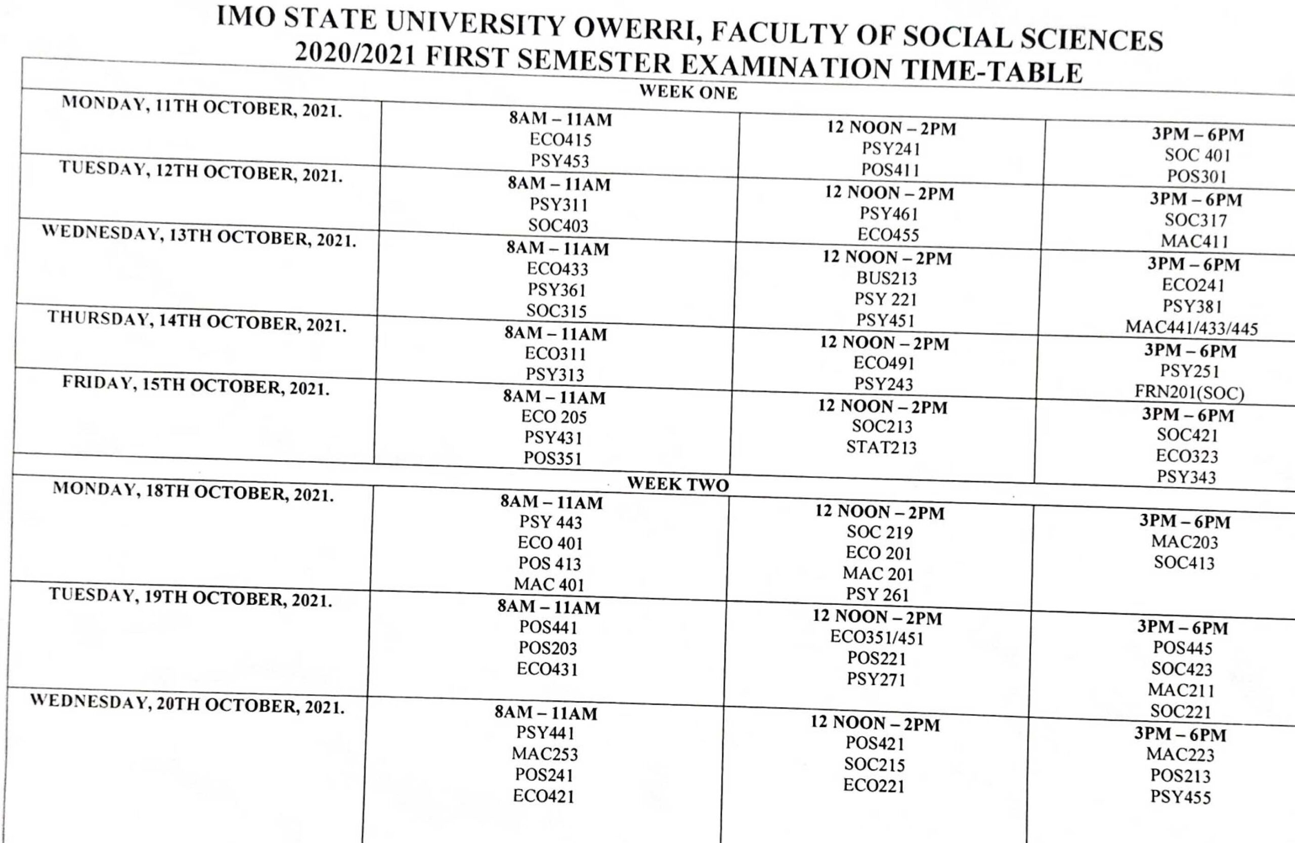 IMSU first semester examination timetable for 2020/2021 academic session is out