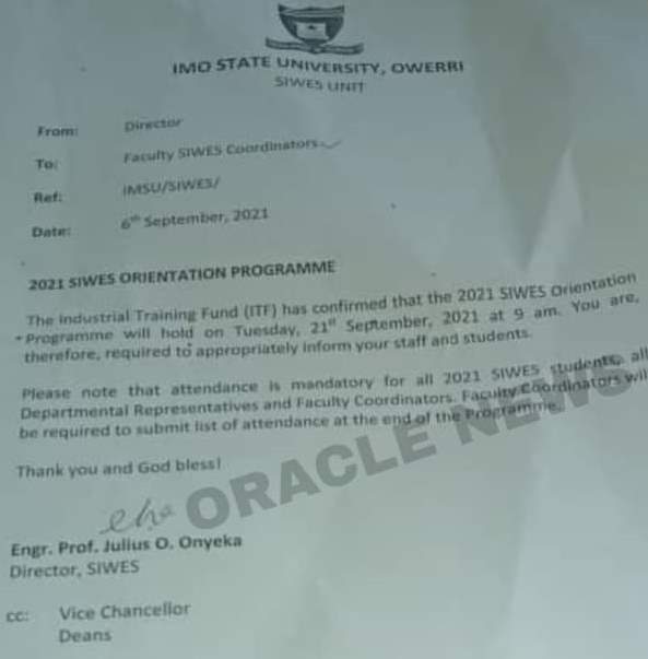 IMSU notice on SIWES (IT) orientation programme