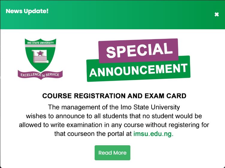 IMSU special announcement on course registration and examination card