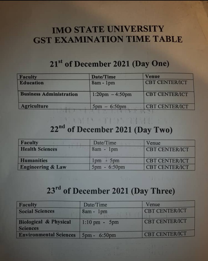 IMSU GST/CBT update & examination time table for 2020/2021 academic session