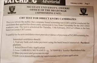 IMSU CBT test for 2021/2022 Direct Entry admission candidates