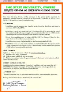 IMSU Commences Post UTME/Direct Entry registration for 2022/2023 Session; How to apply