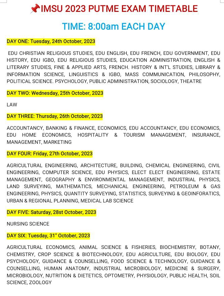 IMSU POST UTME /DIRECT ENTRY 2023 EXAMINATION TIMETABLE AND REQUIREMENT FOR THE POST UTME / DIRECT ENTRY EXAMINATION.