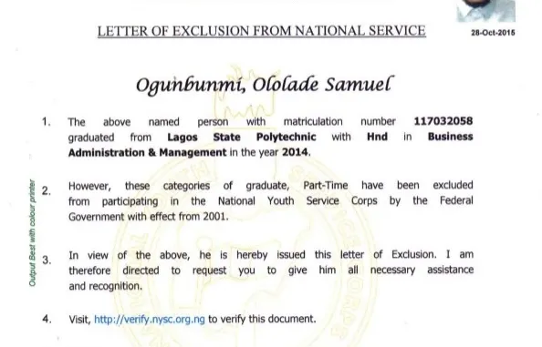 NYSC Exclusion letter
